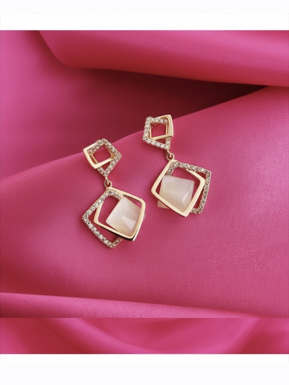 925 Silver Needle Geometric Dangle‎ Earrings with Opal Stone
